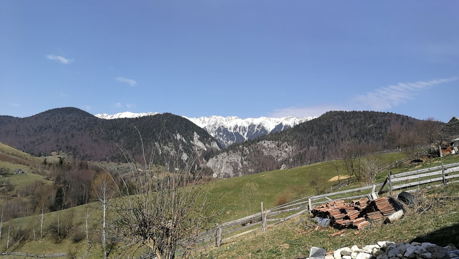 Snow-capped Carpathian mountains above green meadows in Transylvania, Romania