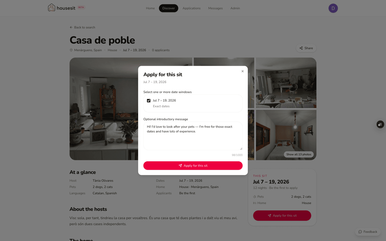 Applying to a sit on HouseSit — pick dates, send a free intro message