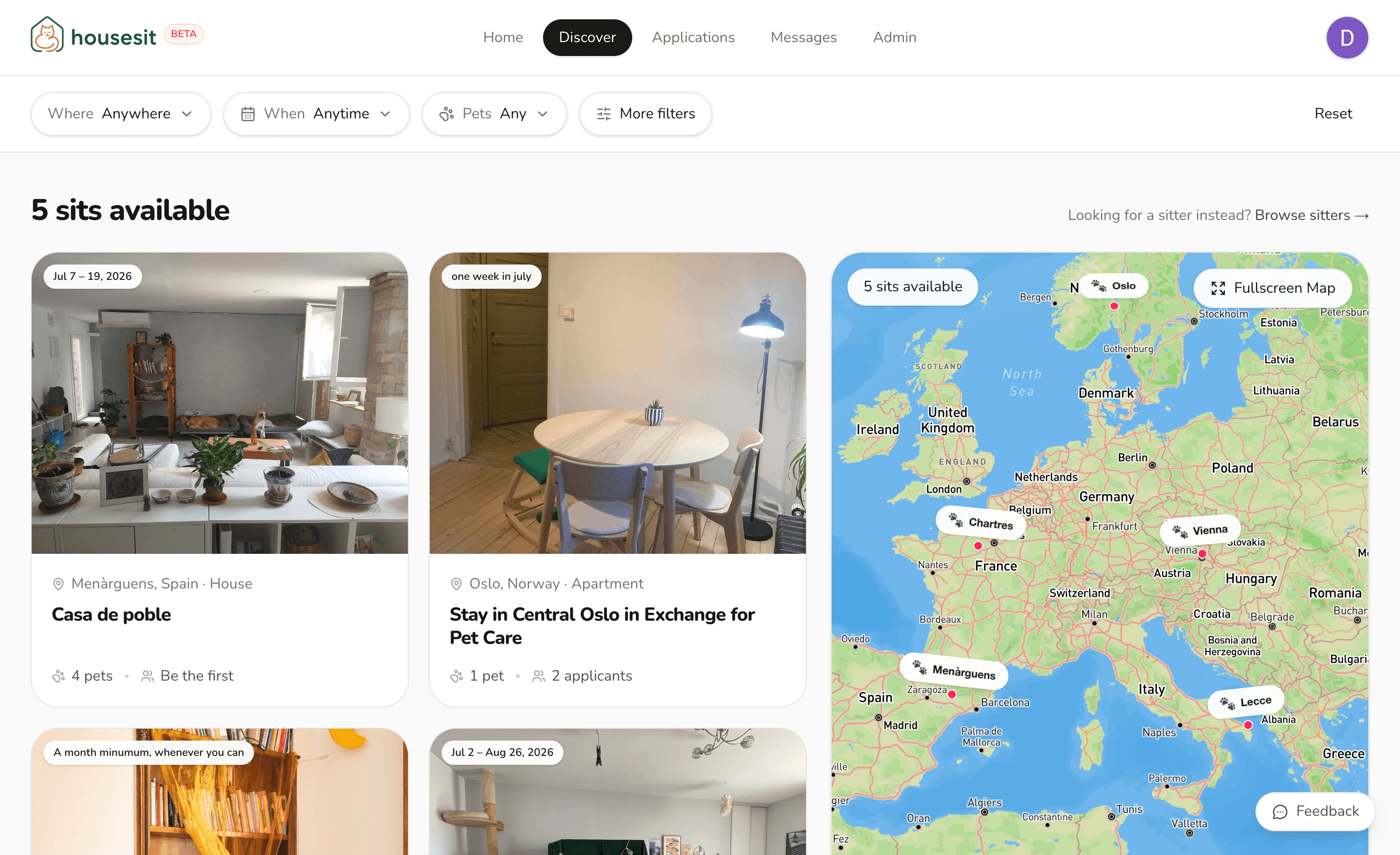HouseSit's discovery page — house-sitting listings across Europe on a map