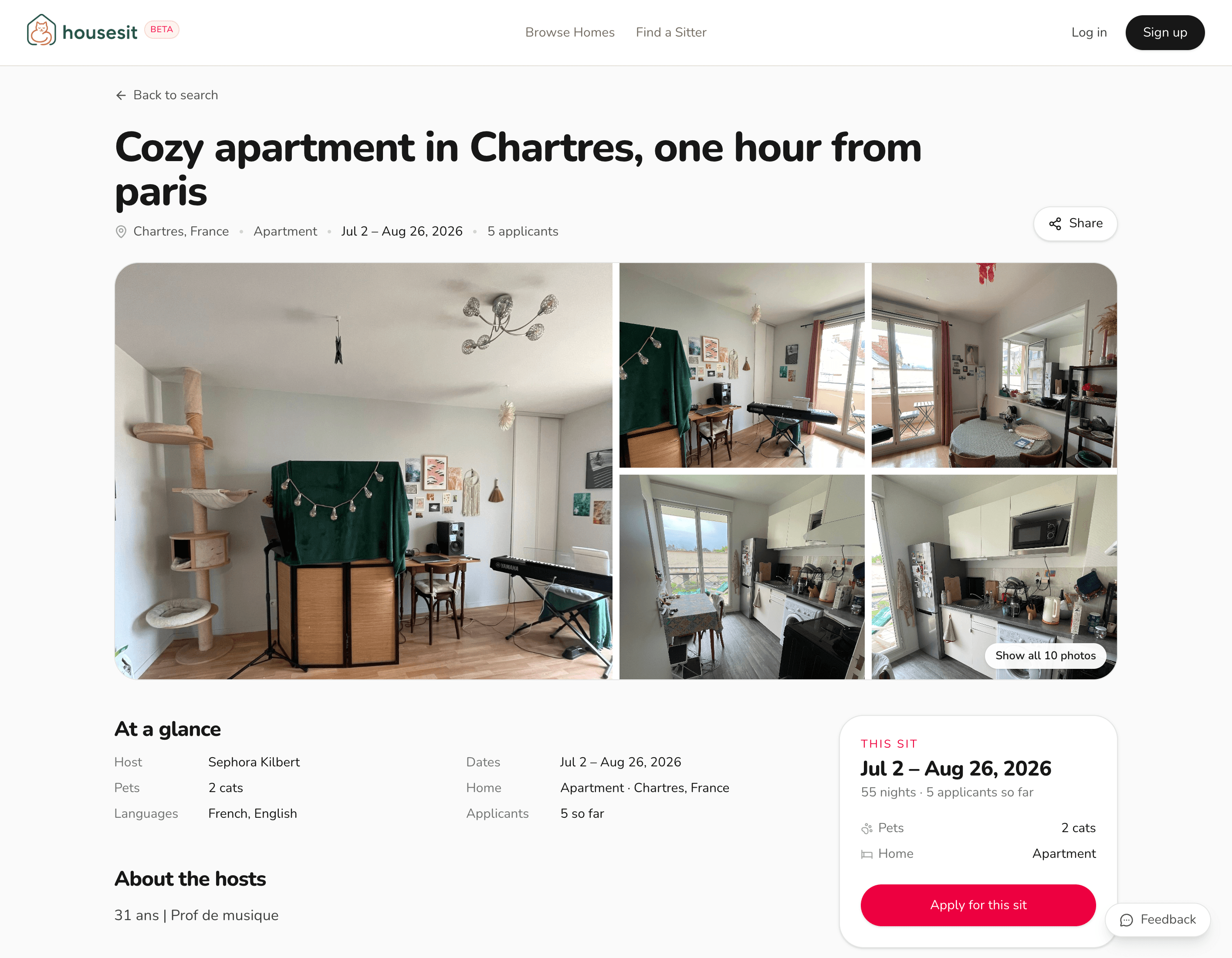 A HouseSit listing — home photos, pet-care details, dates and host info