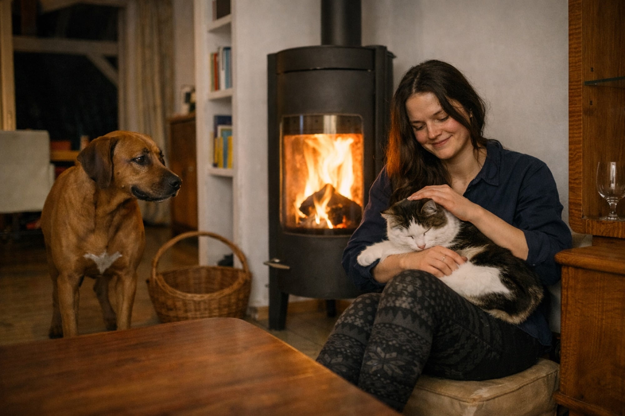 A woman at home with her cat